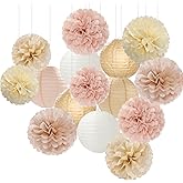 Champagne-Gold White Party-Decorations Paper-Flowers Lanterns - 15PCS Boho Fall Rustic Tissue Pom Poms Streamers,Wedding Baby Bridal Shower Neutral Autumn Birthday Hanging Supplies Decor Hugfond