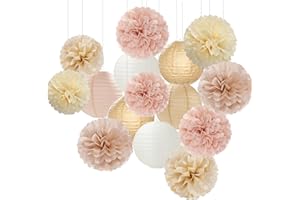 Champagne-Gold White Party-Decorations Paper-Flowers Lanterns - 15PCS Boho Fall Rustic Tissue Pom Poms Streamers,Wedding Baby Bridal Shower Neutral Autumn Birthday Hanging Supplies Decor Hugfond