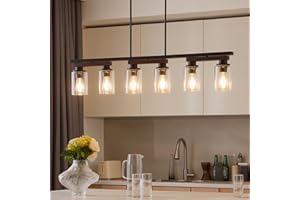 GHCKER 6-Light Kitchen Island Lighting & Farmhouse Dining Room Light Fixtures Over Table, Adjustable Rustic Ceiling Hanging Pendant Linear Chandelier - Rotating Design, Customizable Shapes, Clear Glass
