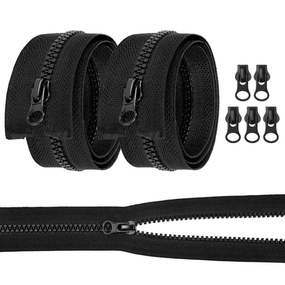 AUAUY 2 PCS Resin Coil Zippers, No.5 Resin Open-Ended Zips with 5 PCS Zipper Pulls, 70cm/27.5inch Strong Zippers for Sewing Assorted Sizes, DIY Dressmaking, Bags, Tailor, Craft Supplies(Black)