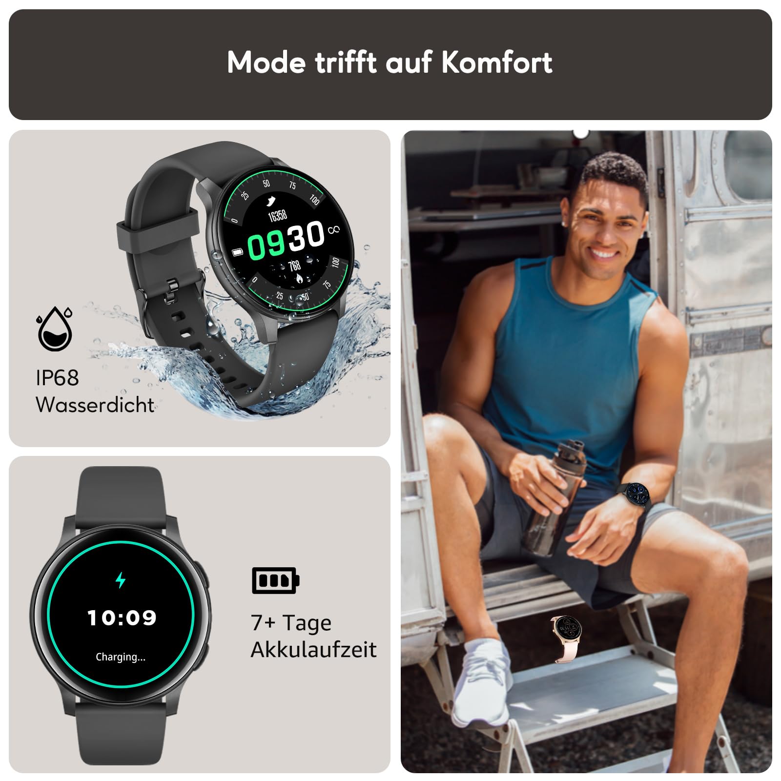 AcclaFit Smartwatch Damen Herren, 1.38 Zoll HD-Display Smart Watch mit Bluetooth Anrufe, Fitness Tracker mit Herzfrequenz SpO2 Schlafmonitor Schrittzähler, IP68 Wasserdicht Fitnessuhr iOS Black 6
