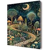 pouep Fantasy Fairy Forest Mushroom Starry Night Canvas Wall Art Framed, Fairy Wall Decor, Mystical Woodland Botanical Enchanted Forest Wall Art Prints Decor for Nursery Kids Room Playroom, 11x14 Inch