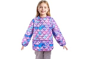 WERNNSAI Mermaid Art Smock for Kids- Kids Aprons for Girls Waterproof Toddler Art Smock Painting with Long Sleeve and 3 Pocke