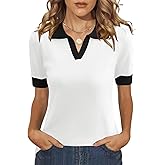 LOMON Womens Puff Short Sleeve Polo Sweater V Neck Knitted Tops Casual Ribbed Shirt Pullover Blouse