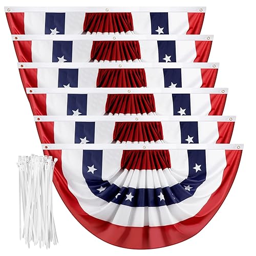 1.5x3 Feet American Pleated Fan Bunting - USA Patriotic Half Fan Flags for 4th of July Memorial Day Indoor Outdoor Decoration (6 Pack) - with Brass Grommets and Zip Ties
