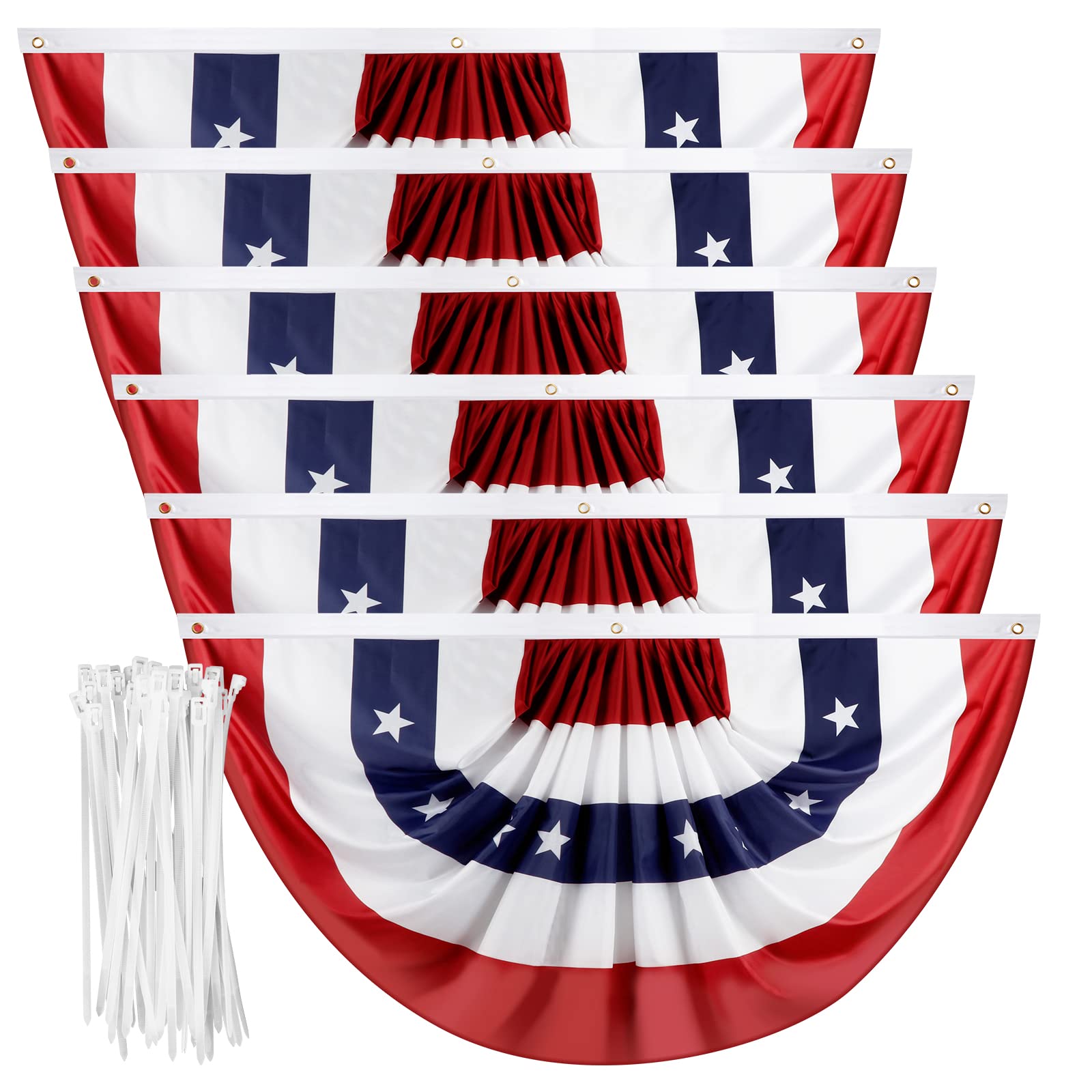 Photo 1 of 1.5x3 Feet American Pleated Fan Bunting - USA Patriotic Half Fan Flags for 4th of July Memorial Day Indoor Outdoor Decoration (6 Pack) - with Brass Grommets and Zip Ties