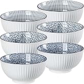 QINLANG 6 Inch Blue and White Porcelain 30 oz Bowls Set of 6 for Soup, Cereal, desserts, ice cream and Rice - Mixing Pattern