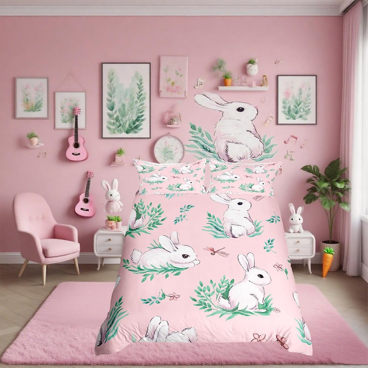 Loussiesd Cute Rabbit Bedding Set Cartoon Bunny Dragonfly Duvet Cover for Kids Boys Girls Branches Rabbit Bedding Set Girly Pink 3Pcs King Size Comforter Cover Set