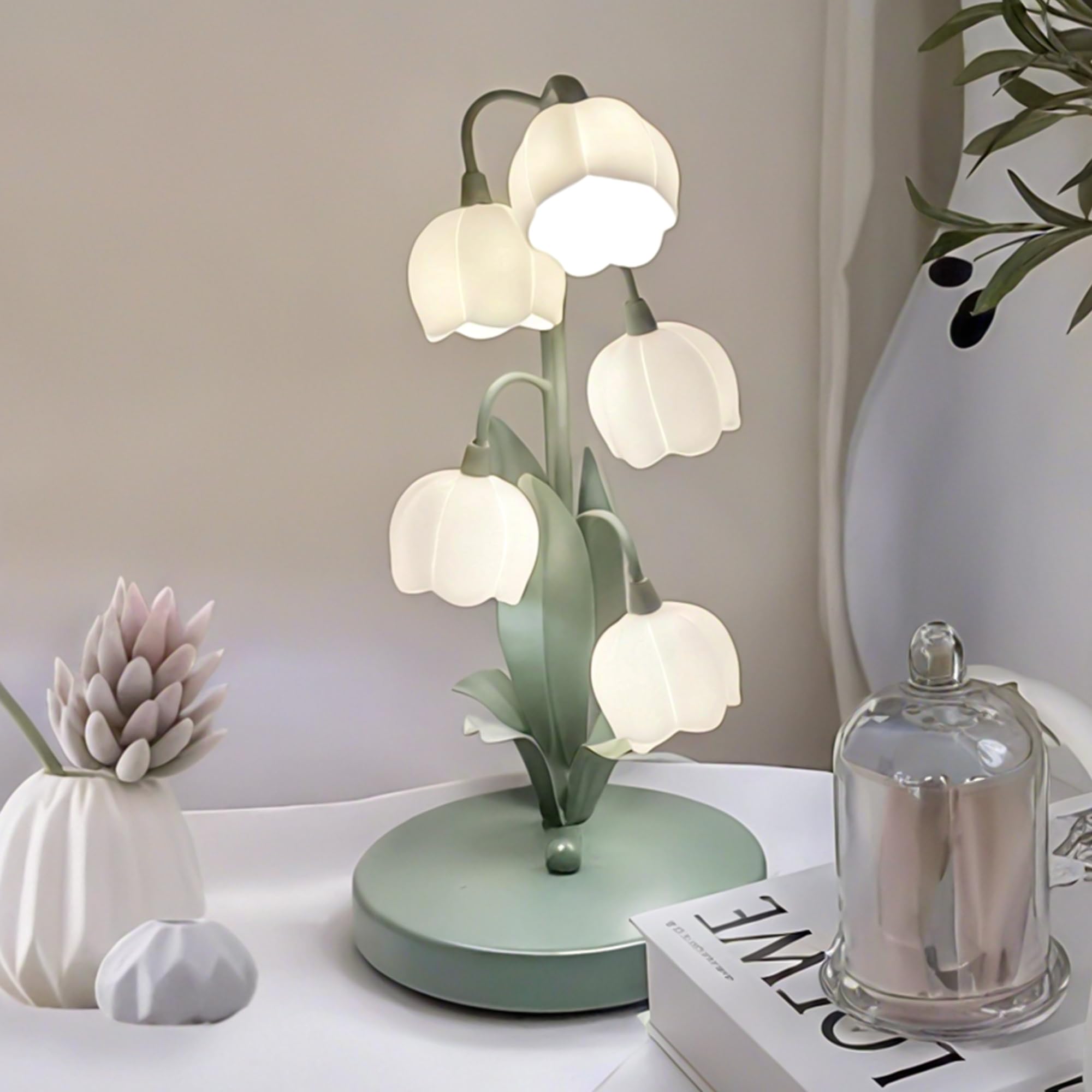 Photo 1 of Green Flower Lamp for Home,Bedside Vintage Table Lamps,5 Lily of The Valley Reading Lights,3 Colors Modes Kawaii Bedside Lamp Decor,with G4 Bulb Nightstand Light for Living Room Office Bedroom