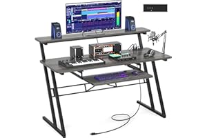 Armocity Music Studio Desk Production Workstation - Recording Studio Desk for Producer with Power Outlet, Studio Workstation for Music Recording, Home Studio Table Desk, Grey Oak
