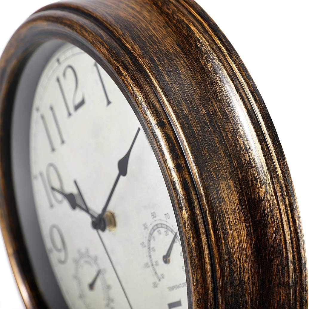 Yumt 12-Inch Waterproof Wall Clock with Thermometer and Hygrometer Combo,Vintage Silent Non-Ticking Battery Operated Clock Wall Decorative- Bronze