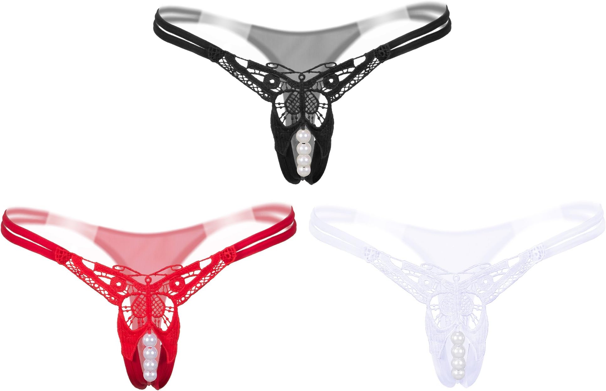 Women Elastic Butterfly Embroidery Low Waist Pearls Lingeries Thongs G Strings T Back Crotchless Penties (one Size, Black)