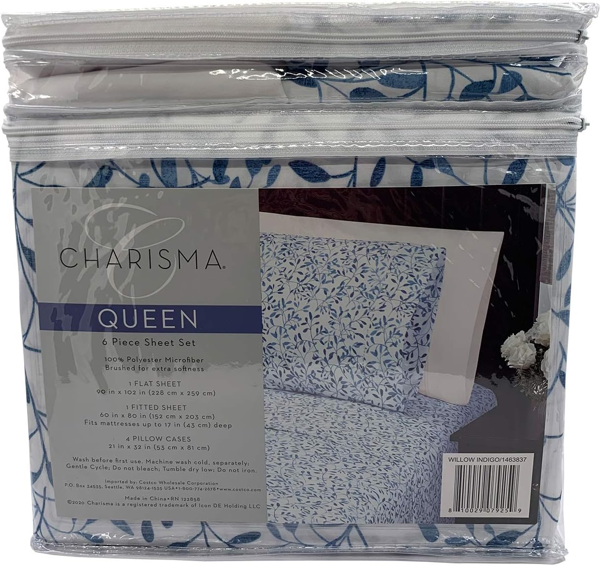 Charisma Microfiber Queen 6-Piece Sheet Set Willow Indigo Brushed for Extra Softness