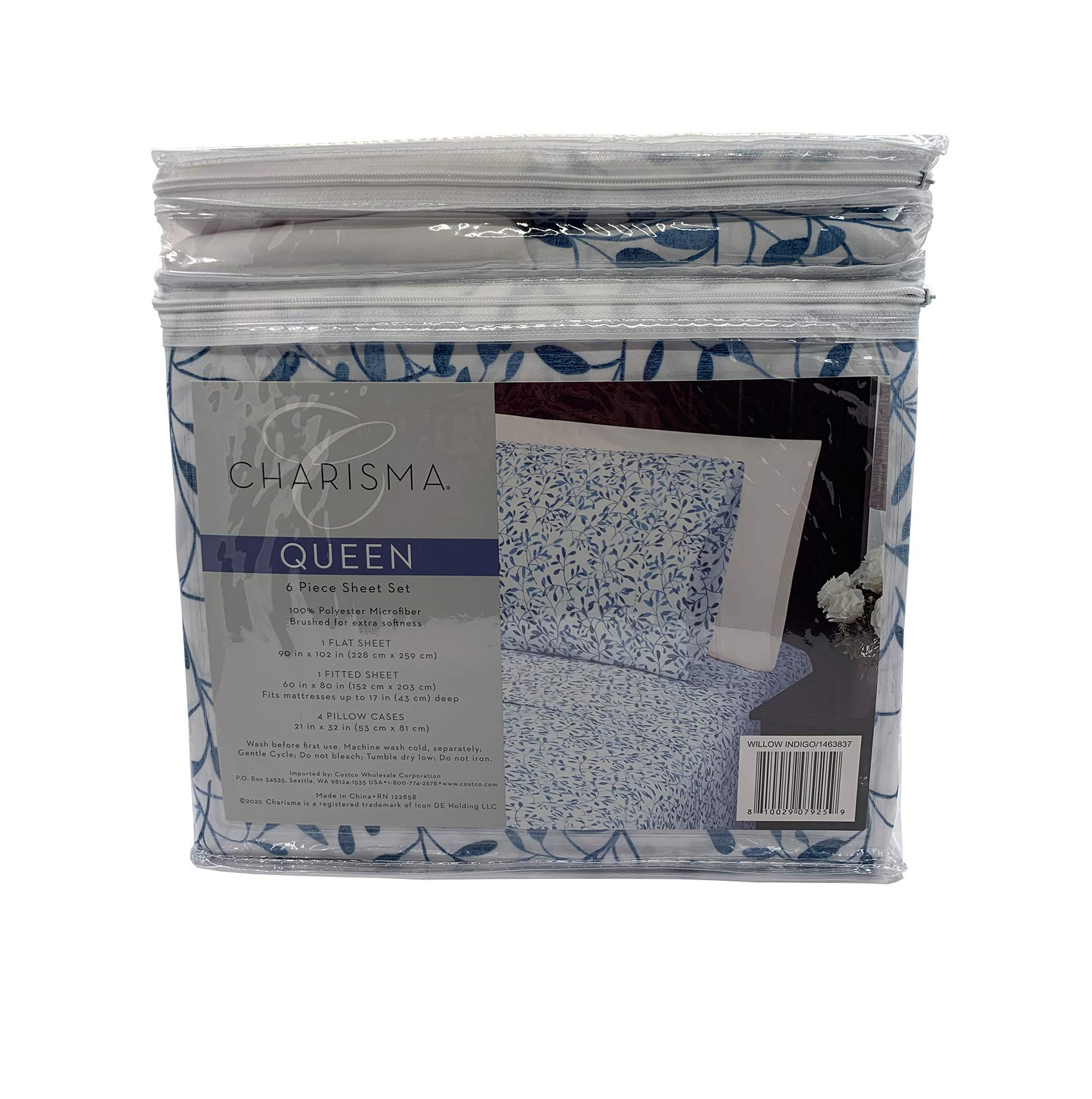 Charisma Microfiber Queen 6-Piece Sheet Set Willow Indigo Brushed for Extra Softness