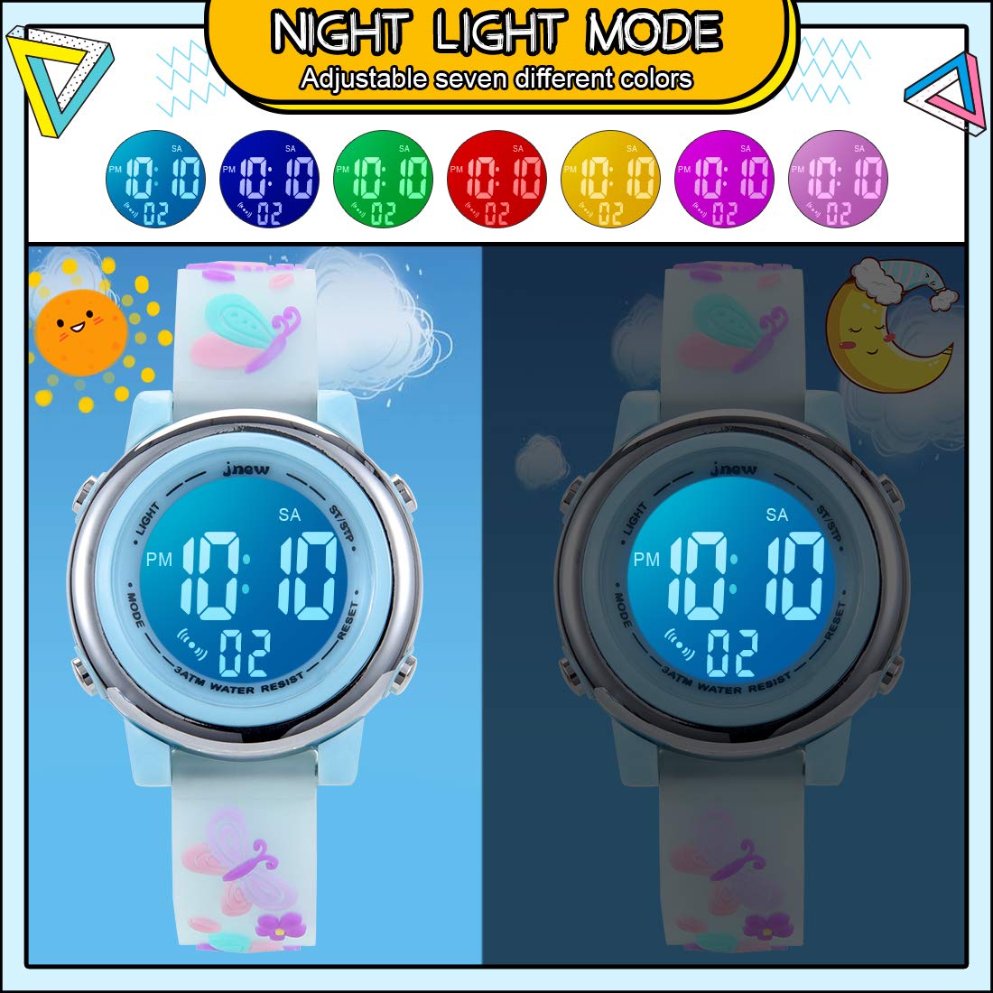 jianxiang Kids Digital Sport Watches for Girls Boys, Waterproof Outdoor LED Timer with 7 Colors Backlight 3D Cartoon Silicone Band Child Wristwatch