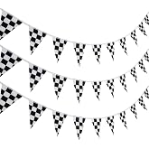 Pangda 6 Pcs 60 Meters Checkered Pennant Banner Racing Flag Race Theme | Black White Checked Fabric Flag, Triangle Bunting for Racing Party, Motorsports Car Theme, Race Car Birthday Party Decoration