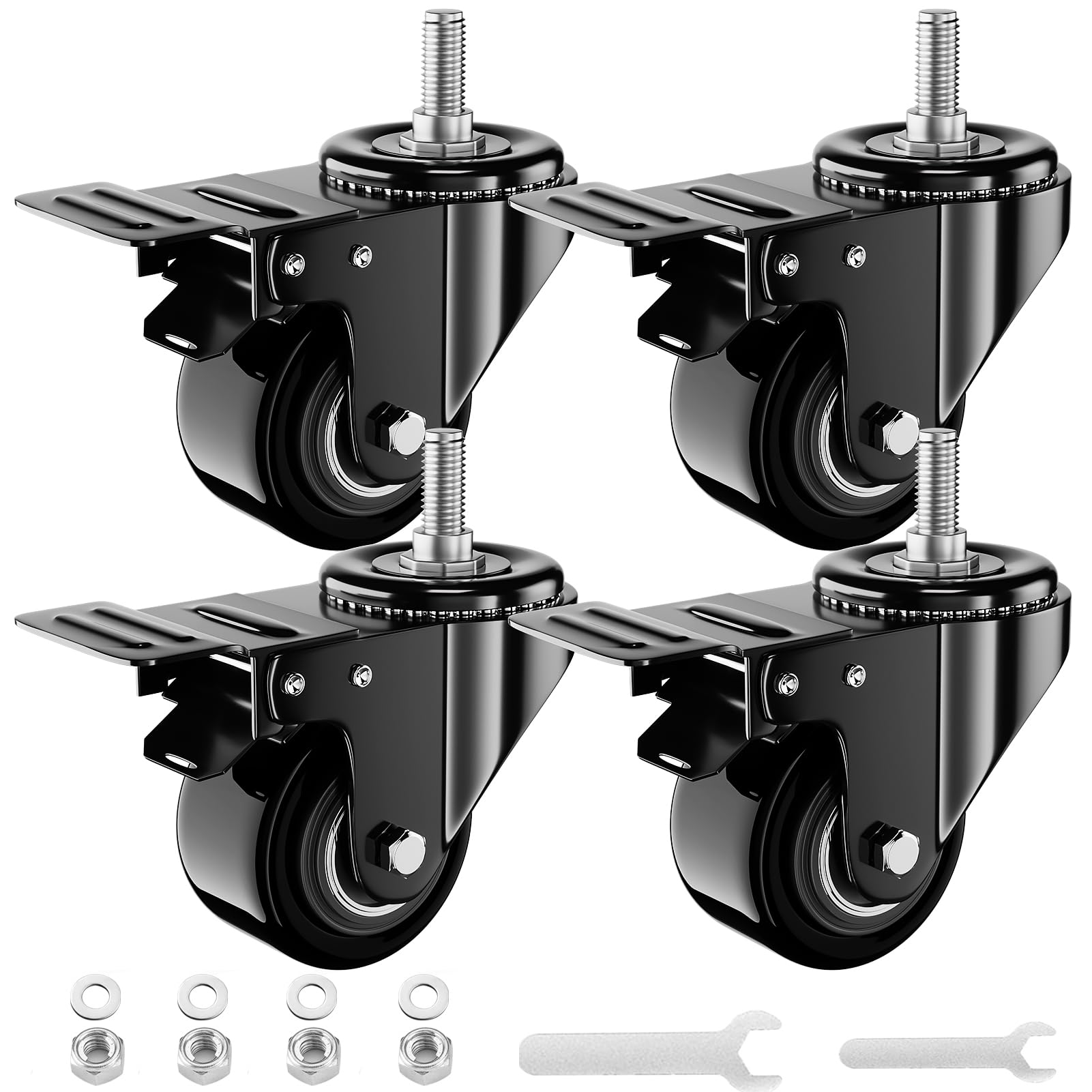 Photo 1 of 2 Inch Swivel Caster Wheels, Threaded Stem Casters Set of 4 Heavy Duty, 1/2"-13 x 1 (Screw Diameter 1/2", Stem Length 1"), Safety Dual Locking Industrial Castors, Wheels for Cart, Furniture