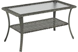 Rilyson Patio Tables Outdoor Coffee Table - Wicker Rattan Coffee Tables with 2-Tier Storage Shelf Glass Top for Outside Proch Deck Balcony Garden Rectangle Mixed Grey