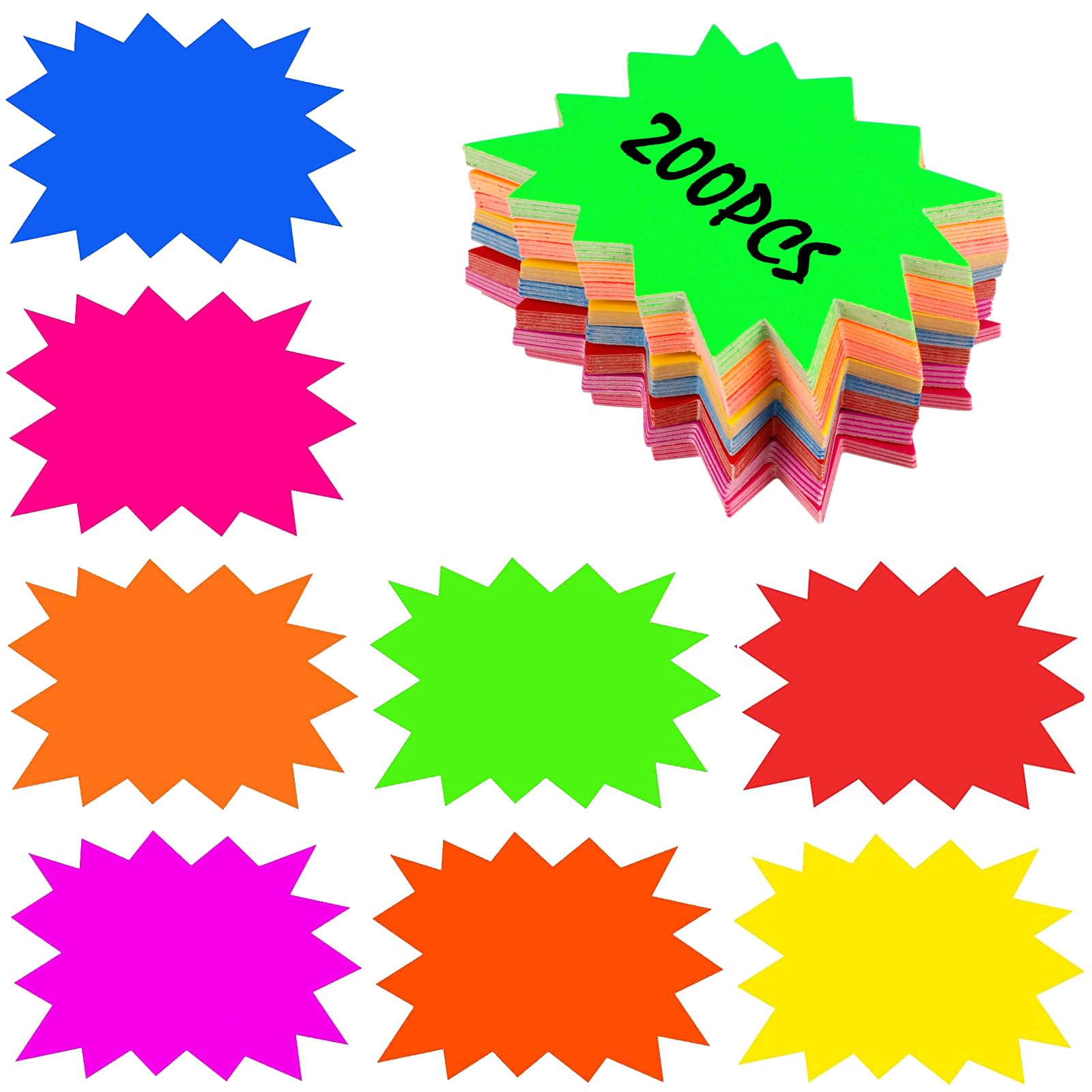 HMIEPRS 200Pcs Fluorescent Star Sale Signs, 8 Colors Starburst Retail Price Tags, Neon Display Sign Cards, Paper Sale Discount Price Labels for Retail Store Shop Grocery Supermarket Party Favors