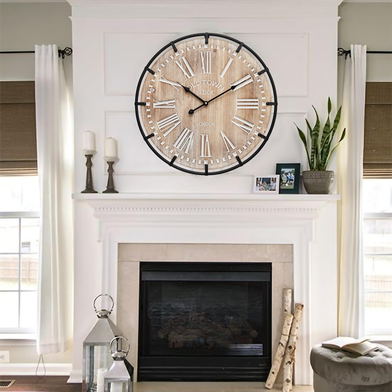 Photo 1 of 24 Inch Grand Farmhouse Wall Clock, Vintage-Inspired Wood & Metal Design with Large Etched Numbers, Silent Battery-Powered Timepiece for Offices, Kitchens, Bedrooms, and Living Rooms