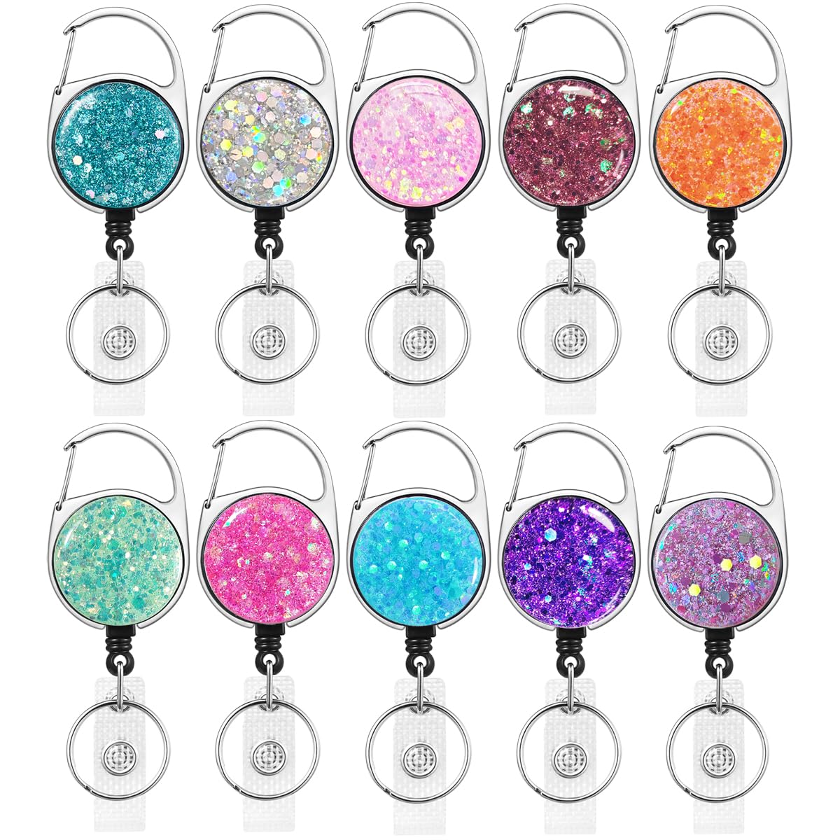 Photo 1 of 10 Pack Retractable Carabiner Badge Holder, FadyRaye Badge Reel with Belt Clip for Nurse Teacher Name Card Keychain [Bling Cute Design 27" Nylon Wire Cord]