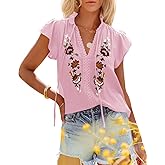 Womens Lace Tops Ruffle Short Sleeve Blouses V Neck Embroidered Casual Business Work Summer Crochet Tops