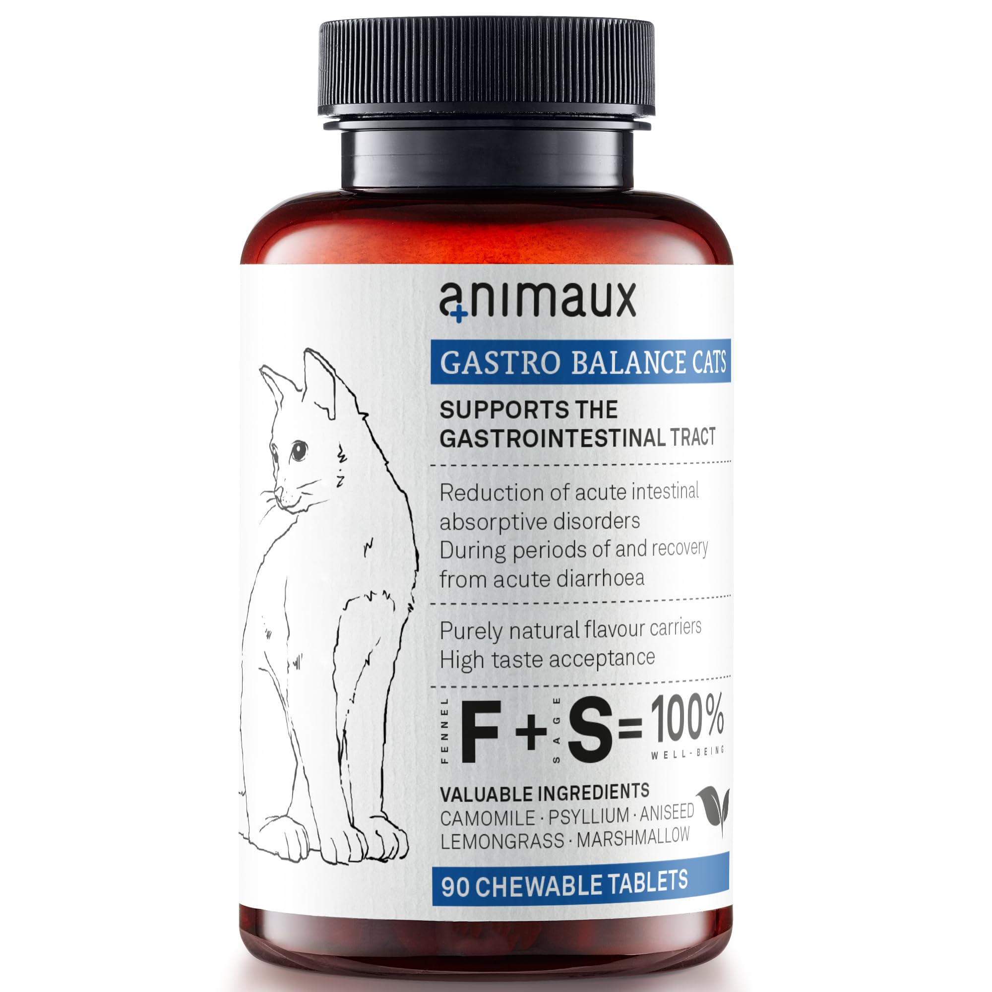 animaux Gastro Balance for Cats – 90 chewable tablets – dietary supplement with probiotics to support gastrointestinal tract, digestion, for diarrhea, constipation and bloating