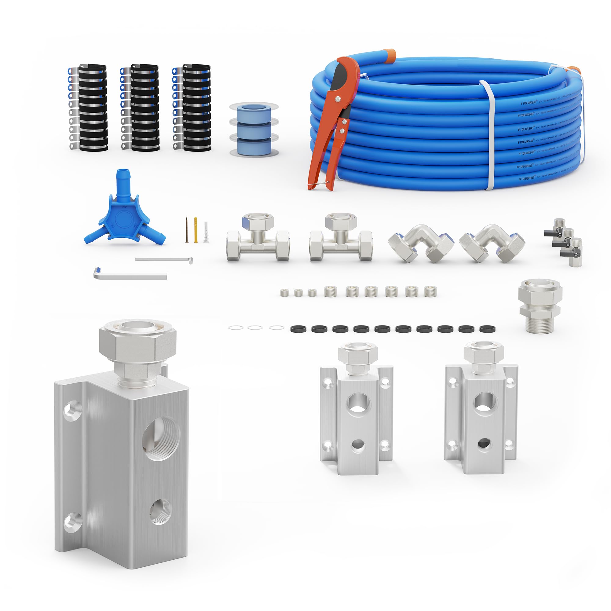 Photo 1 of FIDEURSUS Compressed Air Piping System with 3/4 Inch ID x 100 feet 3-Way Dual-Outlet Aluminum Manifolds for Garage Shop Air Line Kit, Air Compressor Line Kit |200 PSI |F9110