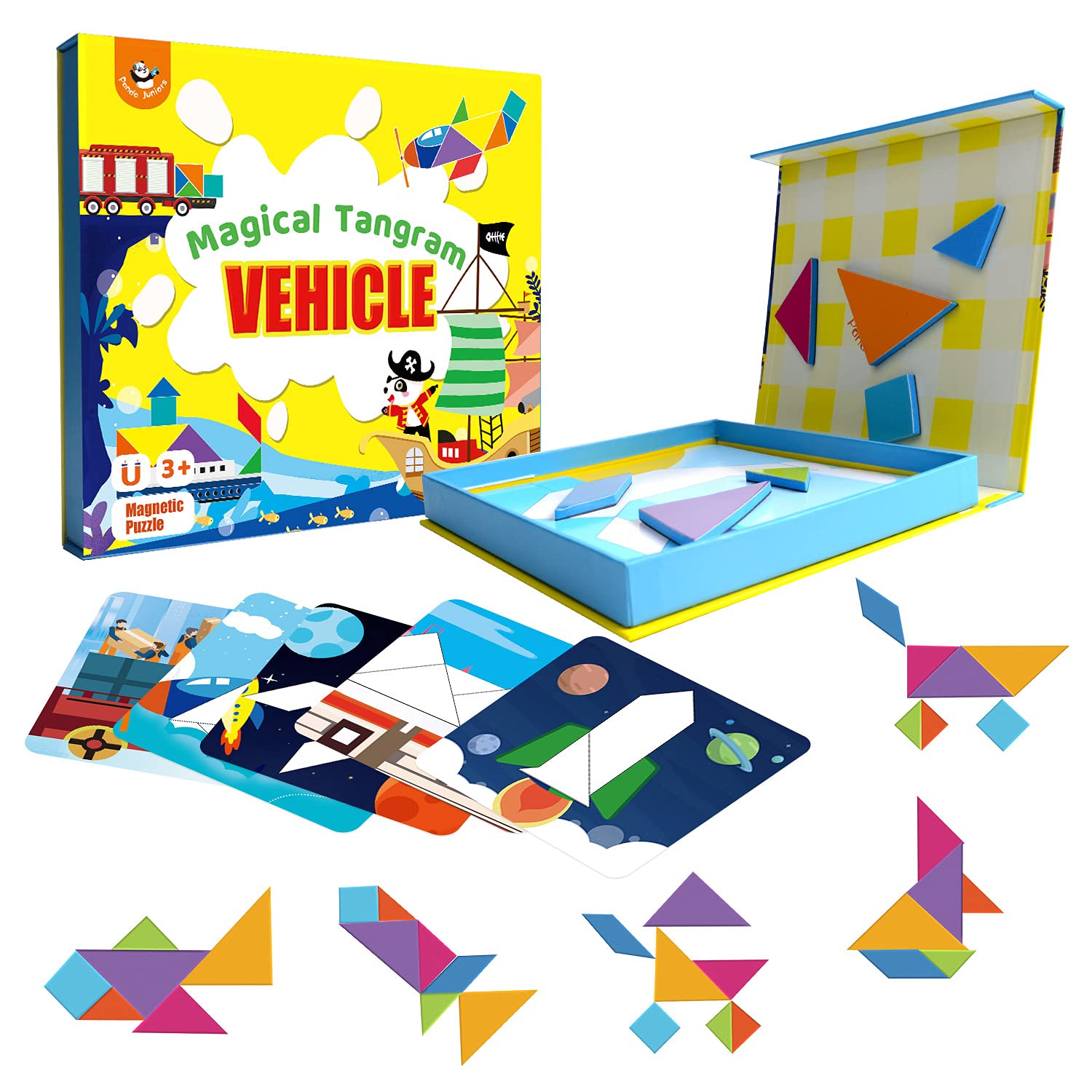 Magnetic Tangram Puzzle for Kids – Vehicle Educational Toy | Montessori-Inspired STEM Activity for Ages 3+ | 24 Pattern Cards + 7 Magnetic Shapes + Portable Box | Preschool Transportation Game