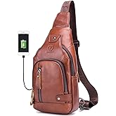 BULLCAPTAIN Leather Men Sling Bags Travel Crossbody Chest Bag Hiking Daypack with USB Charging Port Multi-Pocket
