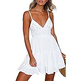 ECOWISH Summer Dresses for Women 2026 V-Neck Spaghetti Strap Bowknot Backless Sleeveless Lace Mini Swing Skater Dress