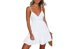 ECOWISH Summer Dresses for Women 2025 V-Neck Spaghetti Strap Bowknot Backless Sleeveless Lace Mini Swing Skater Dress