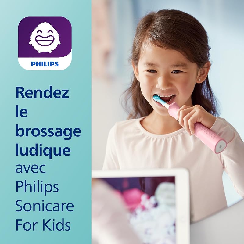 Sonicare for Kids, brosse à dents électrique sonique avec application, pour enfant à partir de 3 ans, avec SmarTimer et QuadPacer pour un nettoyage en profondeur, rose, modèle HX6352/42