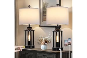 Black Living Room Lamps Set of 2, 3 Way Dimmable Touch Control Farmhouse Table Lamps with 2 USB Ports, Retro Bedside Lamp wit