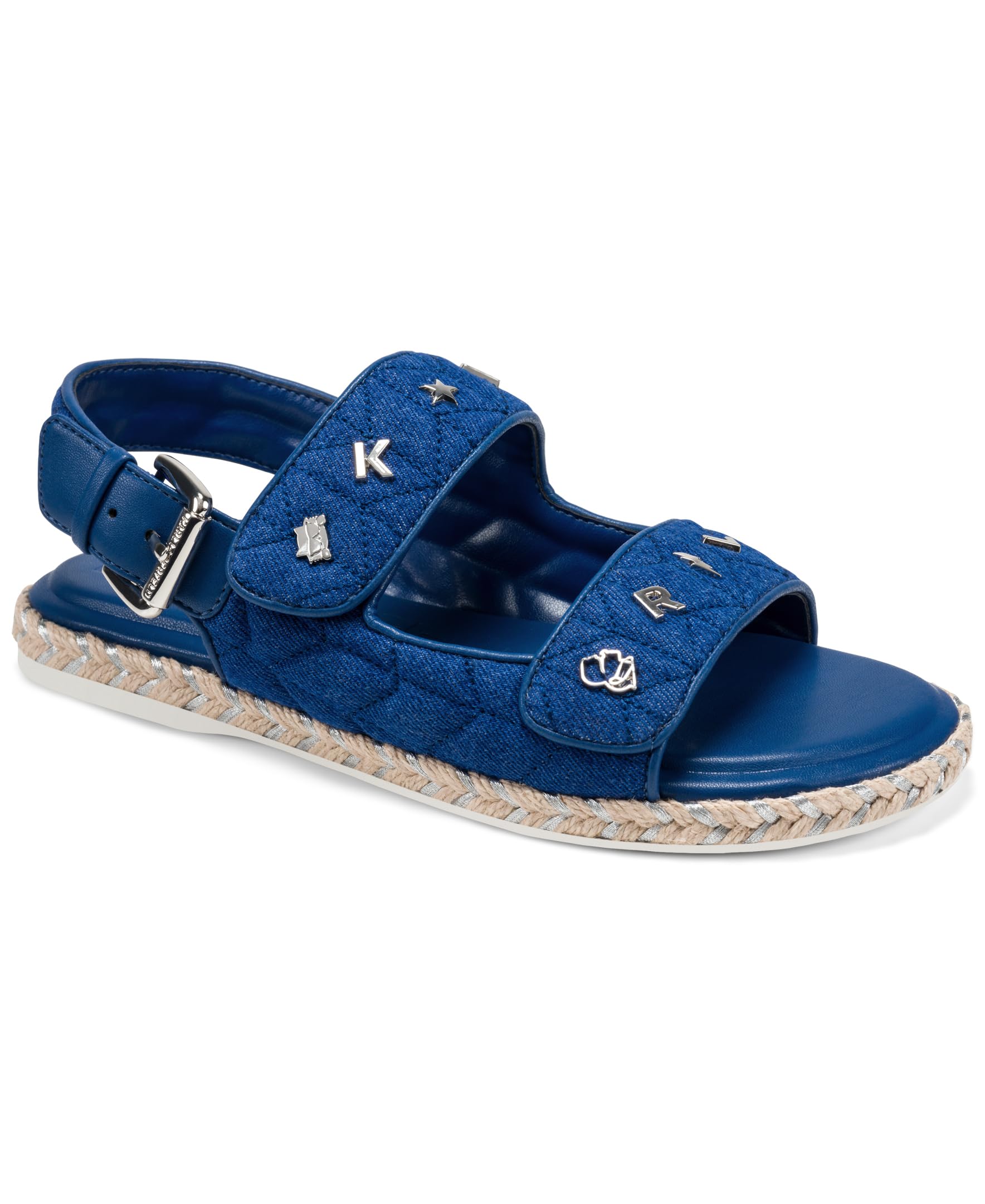 KARL LAGERFELD Women’s Charlay Double Strap Sandal with Pin Embellishments, BLUE, 6