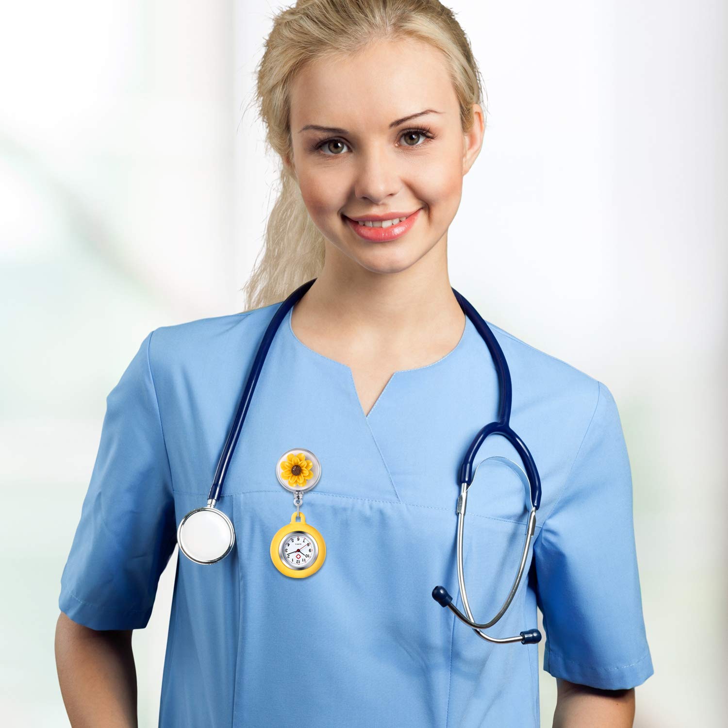 Lancardo Women's Nurse Clip on Watch Cute Flower Lapel Hanging Doctor Clinic Staff Tunic Stethoscope Badge Quartz Fob Pocket Watch with Pink Silicone Cover for Christmas