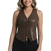 V VOCNI Women's PU Leather Vest V Neck Sleeveless Faux Leather Tops Dress Casual Waistcoat Western Jacket