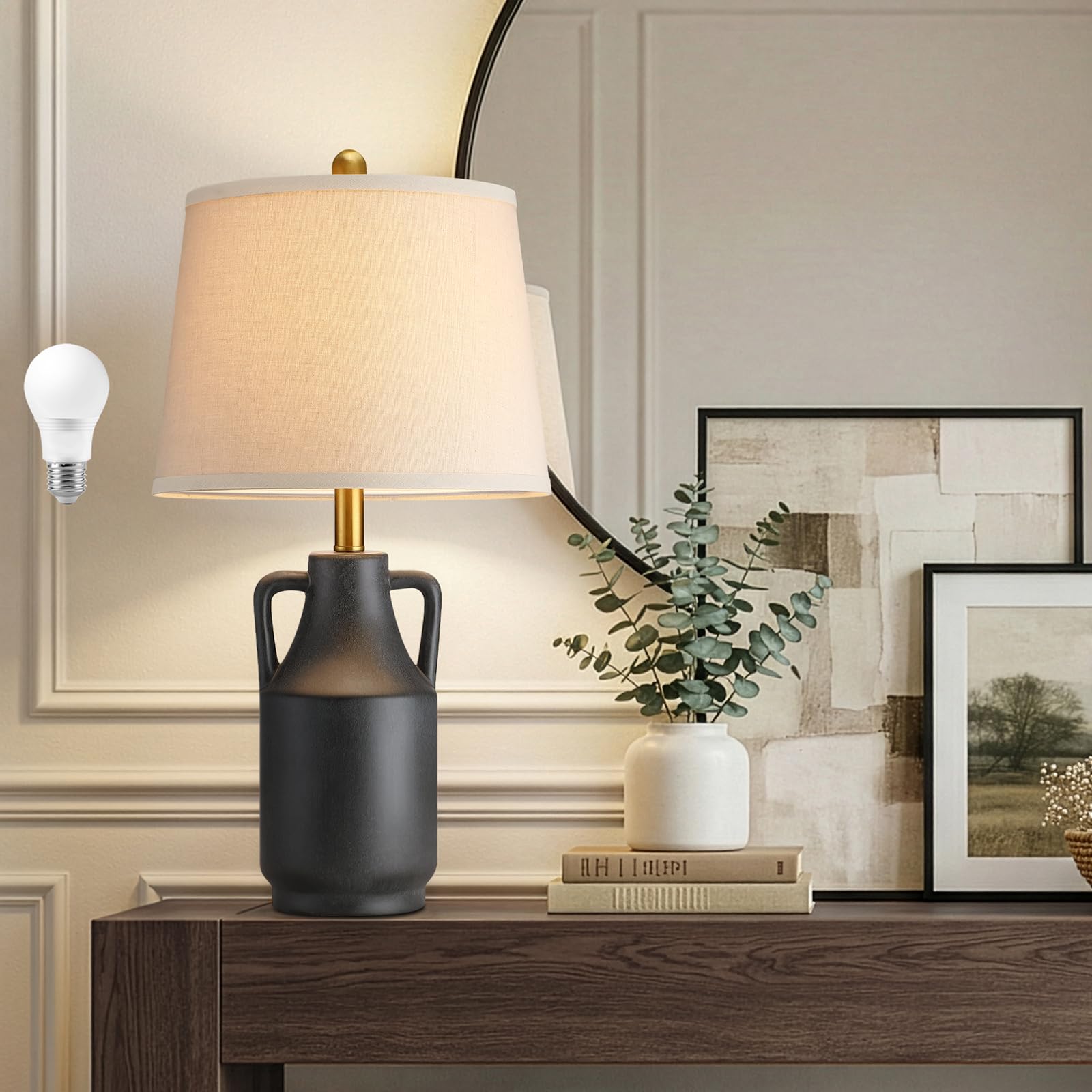 Photo 1 of ** FACTORY SEALED** 26" Vintage Ceramic Table Lamp for Home Decor, Farmhouse Retro Terracotta Black Lamp with Handles for Living Room, Rustic Pottery Nightstand Lamps for Bedroom, End Table, Entryway (Bulb included)