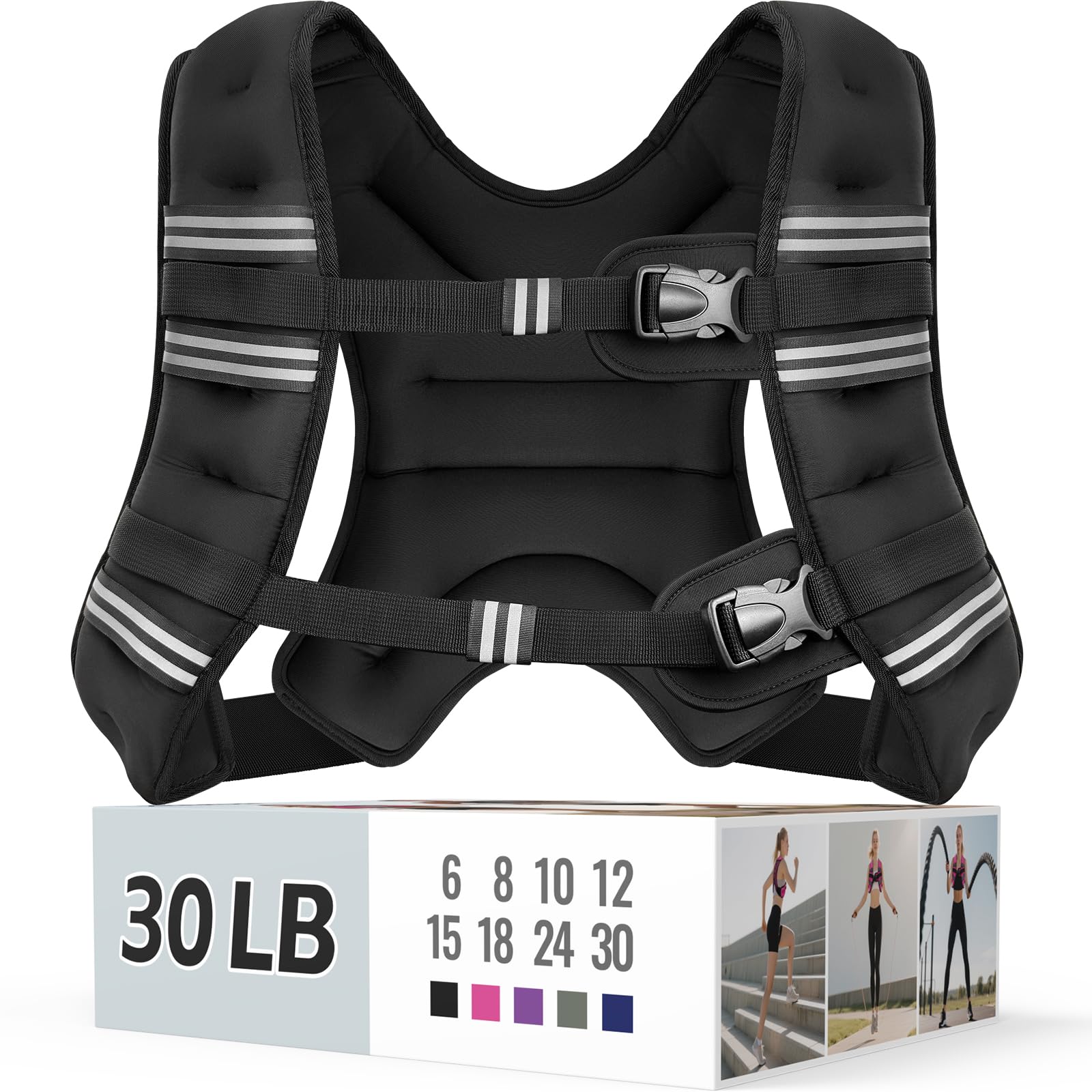 Zeerun Weighted Vest for Women & Men with Reflective Stripe and Adjustable Buckle, Comfortable & Durable Rucking Vest for Walking, Running & Strength Training, 30LBS-Black Image