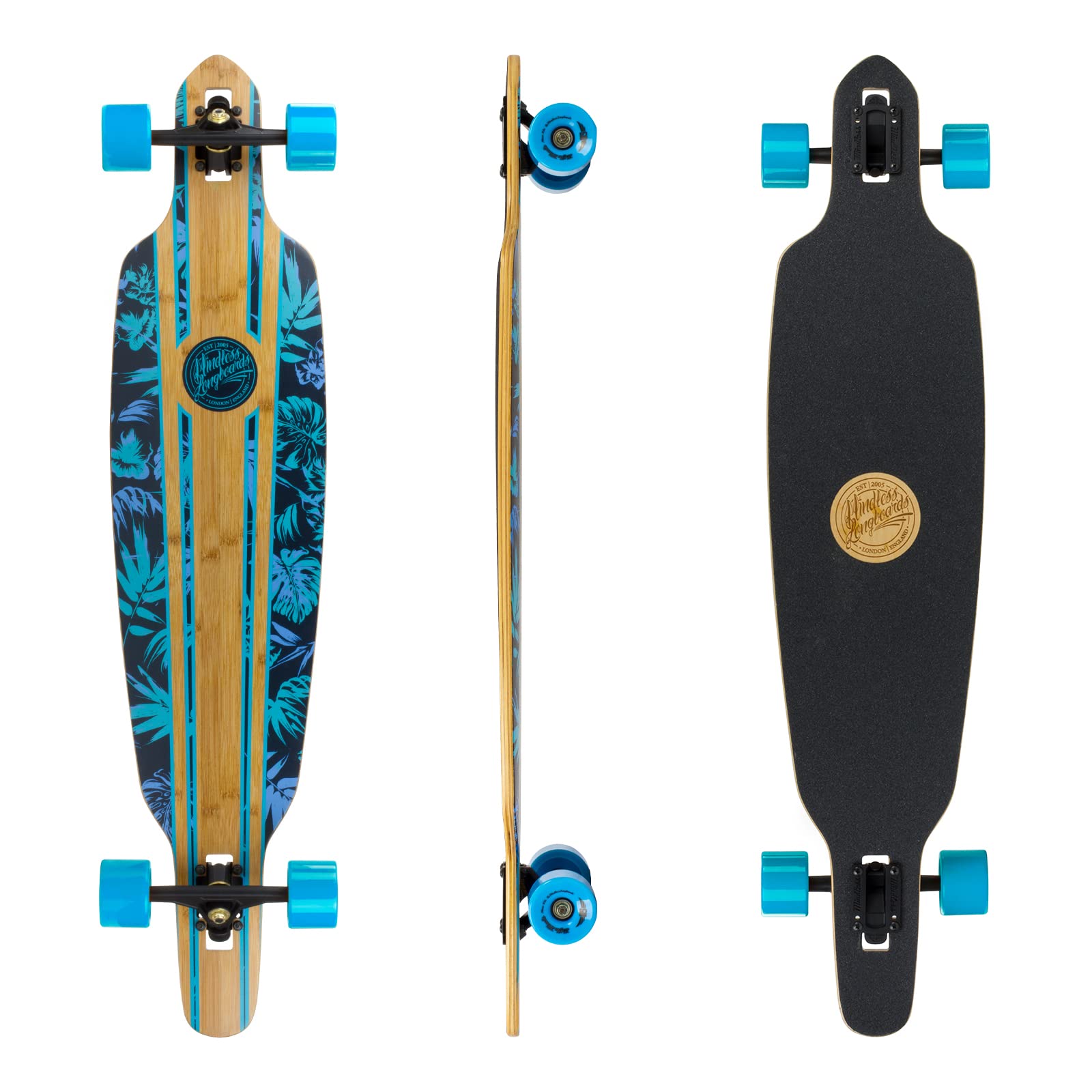Mindless Maverick IV DT Talisman Blue & Floral | 46” Drop Through Longboard 6 Ply Canadian Maple and 1 bottom Ply smoked bamboo Responsive and Safe Ride | Complete Down Hill Type Board for Commuting