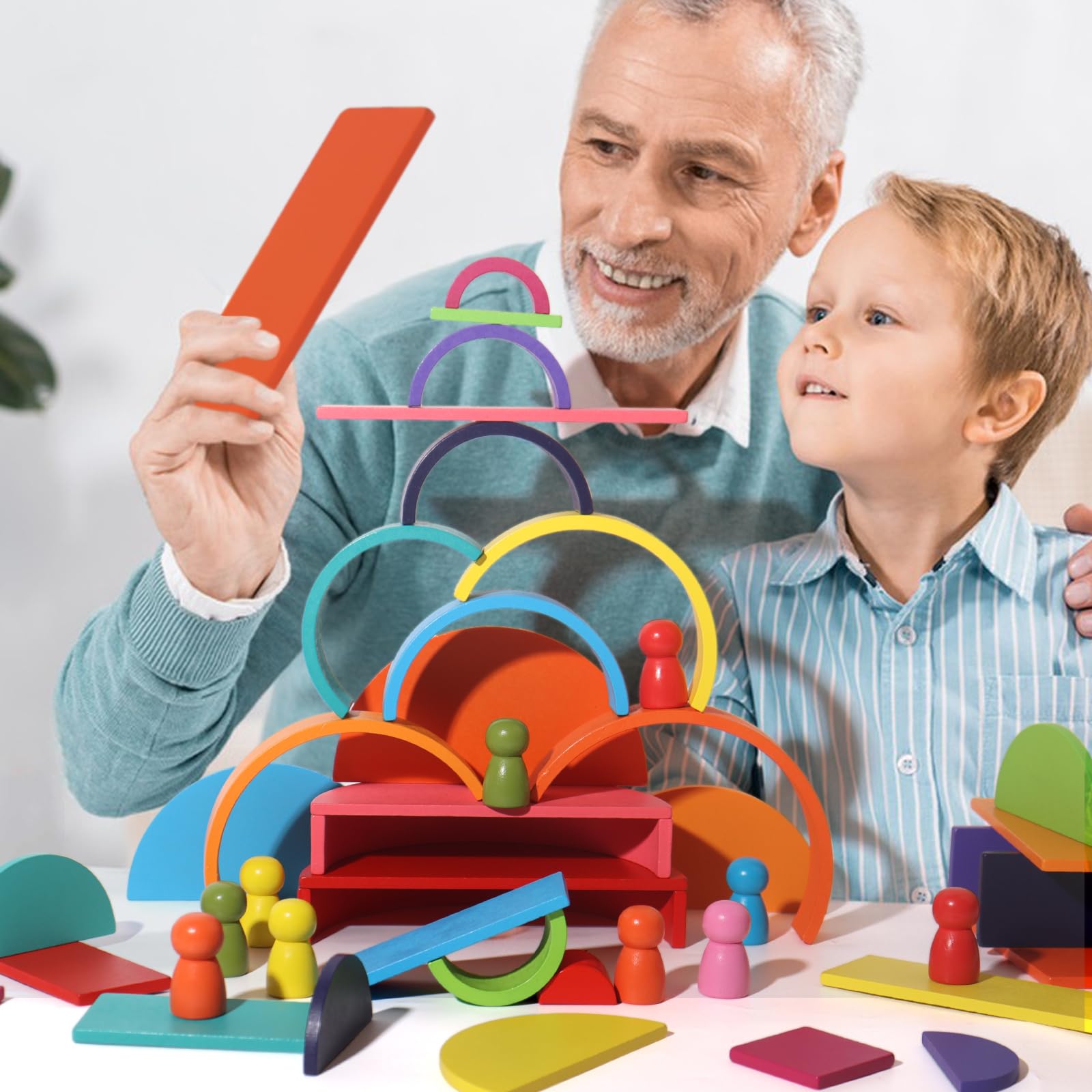 SHIERDU 45Piece Wooden Rainbow Stack Set, 4in1 Building Blocks