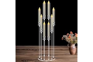 8 Arm Acrylic Candle Holder, Mjkeomo 38.5'' Tall Candelabra Centerpieces for Tables Clear Candlesticks Holder for Housewarming Gift Fireplace Dinner Halloween Christmas Decor Fit 0.87'' LED Candle