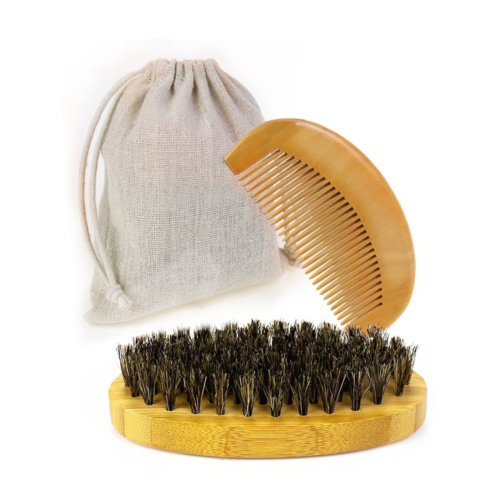 JUSTIME barba Cepillo y peine para hombres, cerdas de jabalí barba Cepillo y peine ayuda a que suaviza y acondicionado bigotes