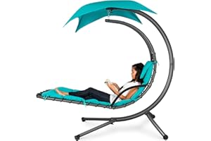 Best Choice Products Outdoor Hanging Curved Steel Chaise Lounge Chair Swing w/Built-in Pillow and Removable Canopy - Teal