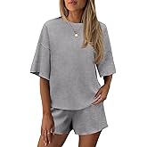 Tankaneo Womens Lounge Set 2 Piece Outfits Wallfe Knit Short Sleeve T-shirts Tops and Shorts Summer Pajama Sets