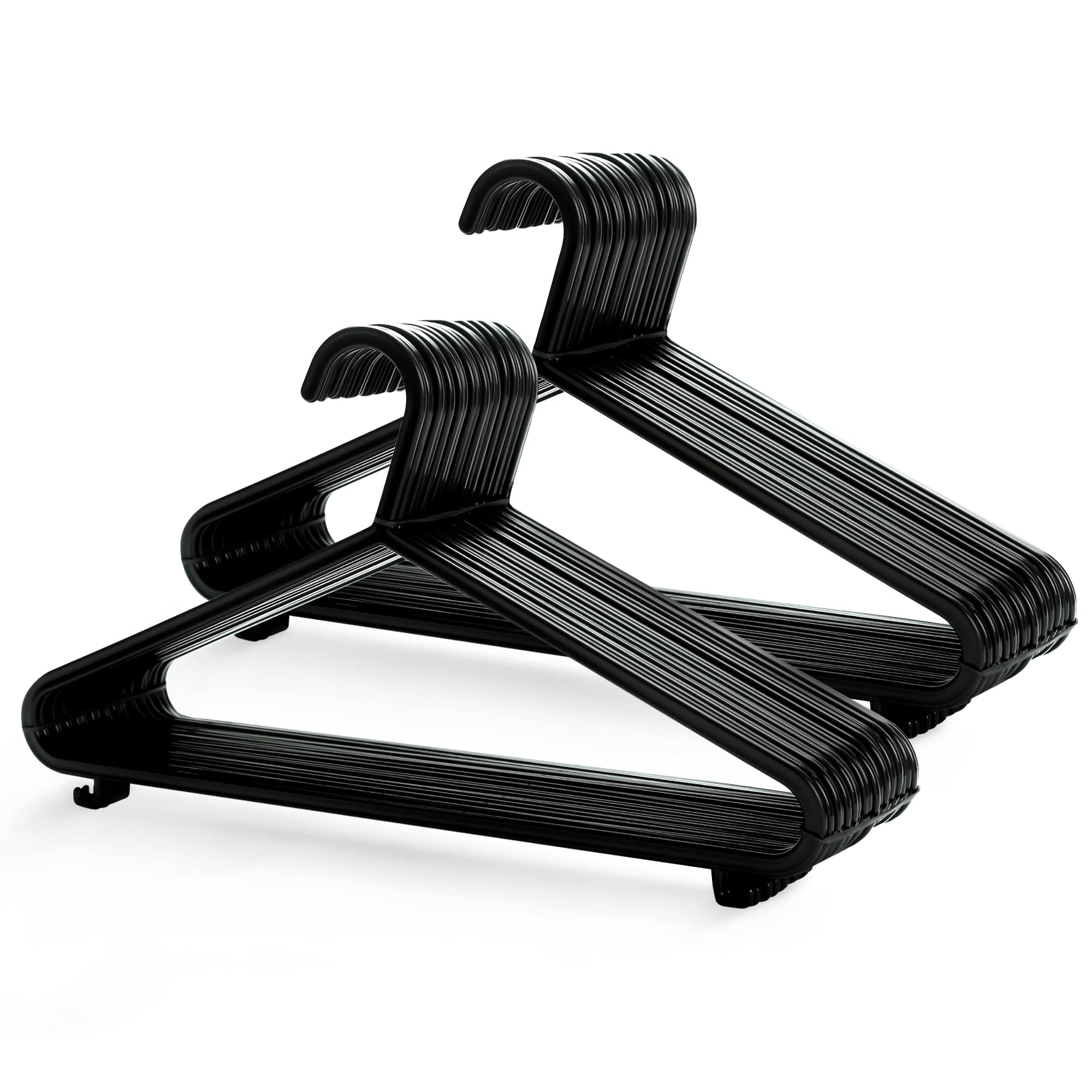 KEPLIN Adult Plastic Coat Hangers - 25pk, Strong Clothes Hangers for Clothes Rail & Closet, Clothing Hanger with Suit Pants Trouser Bar and Clips, Space Saving, 37.5 cm Wide (Black (50 pack))