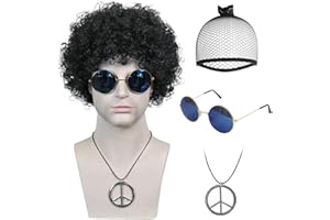 IMEYLE 4 Pcs Short Black Afro Wig for Men(1 Wig+ 1 Glasses+1 Necklace+ 1 Wig Cap) Disco Wig 70s 80s Wig Curly Wig Men Hippie Wig Synthetic Wig for Halloween Costume Party+Hair Cap
