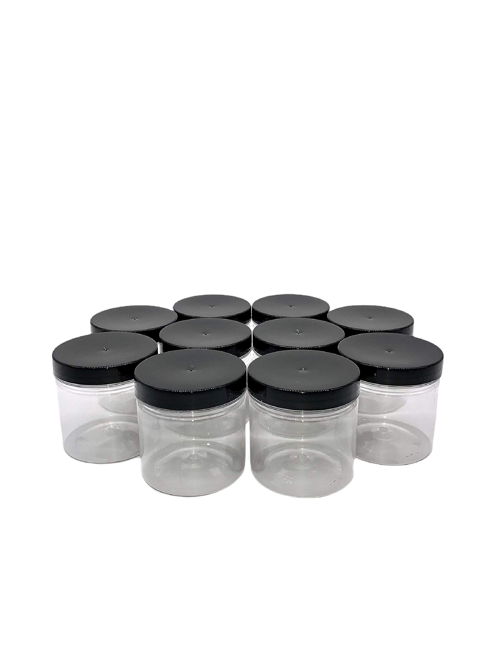 Truenova- Set of 10 x 250ml Small Round Plastic Storage Jars Kitchen/Garage Organisation & Black Flat Lids