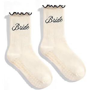 FYSUIMU Bride Ruffle Socks White Bridal Pilates Socks with Black Embroidery for Wedding Engagement Bridal Shower Gift Getting