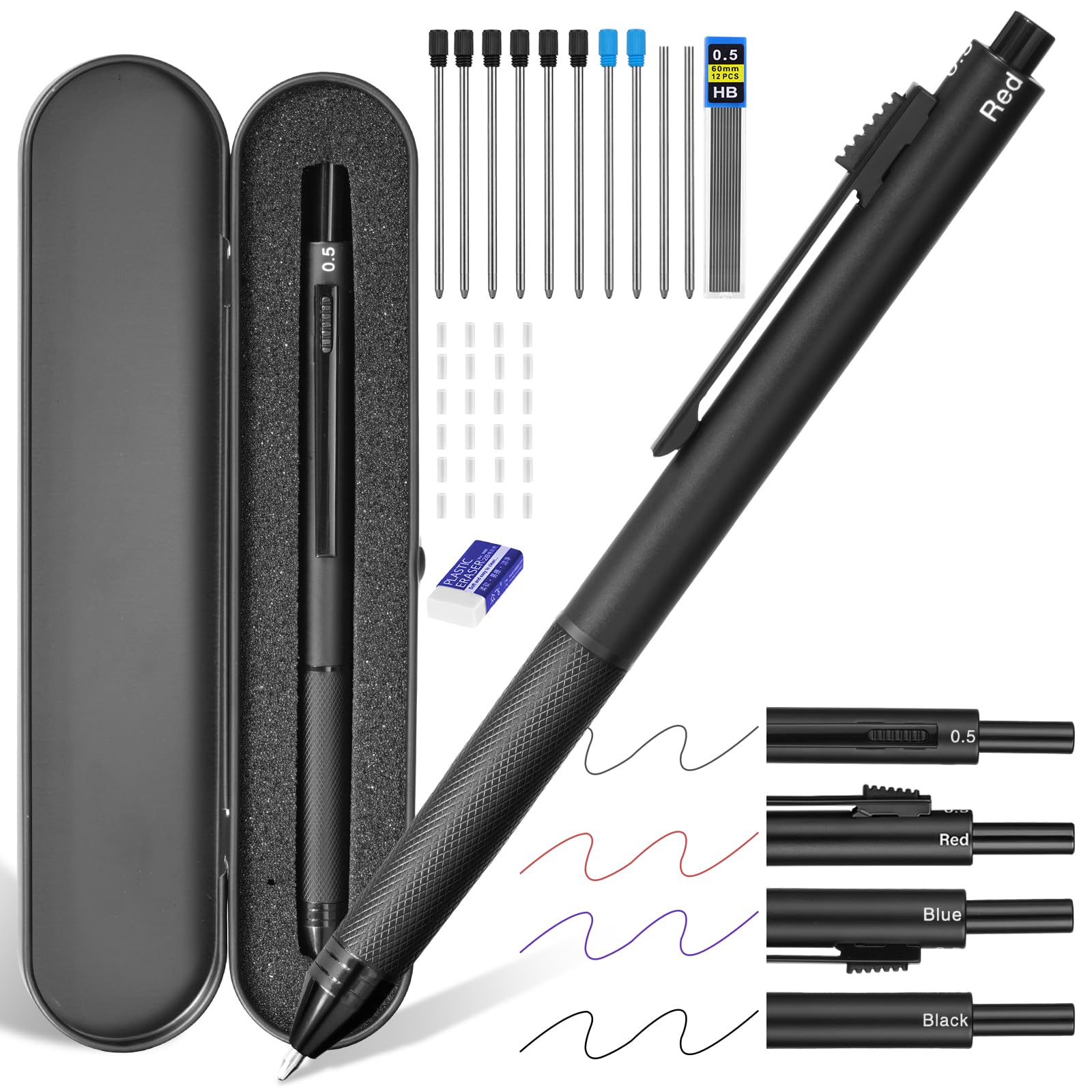 AUAUY 4 in 1 Multicolor Pen, Metal Cased Multifunction Pen, Gravity Sensor Multifunction Pens, 0.5mm 3 Color Ballpoint & 0.5mm Mechanical Pencil, 38 PCS Comes with Refill, Eraser, Metal Pens Case